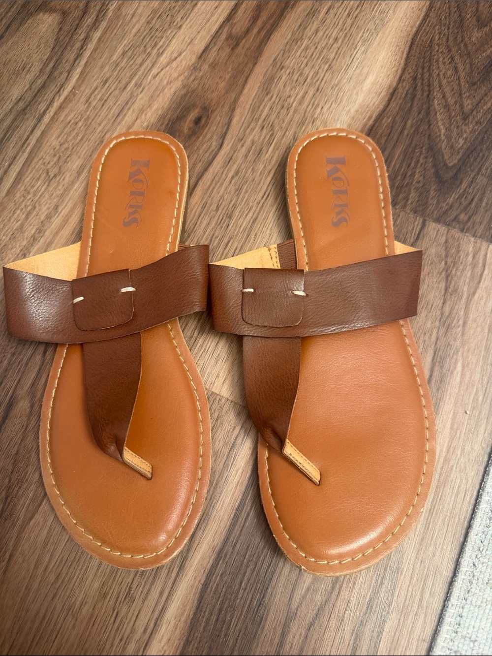 Korks Brown and Tan Leather Slide Sandals